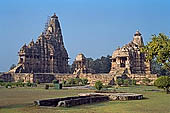 Khajuraho - Jagadambi temple and Kandariya Mahadeva temple on the same platform with the smaller Mahadeva temple in between 
